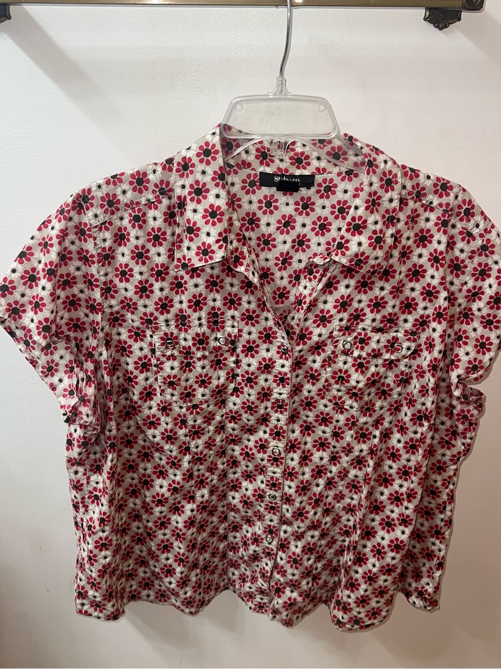 Style & Co. Woman Floral Button-Up Blouse in White, Red and Dark Gray